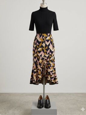 Anthropologie Maeve Tanya Geometric Knit Asymmetrical Ruffle Midi Skirt S Boho